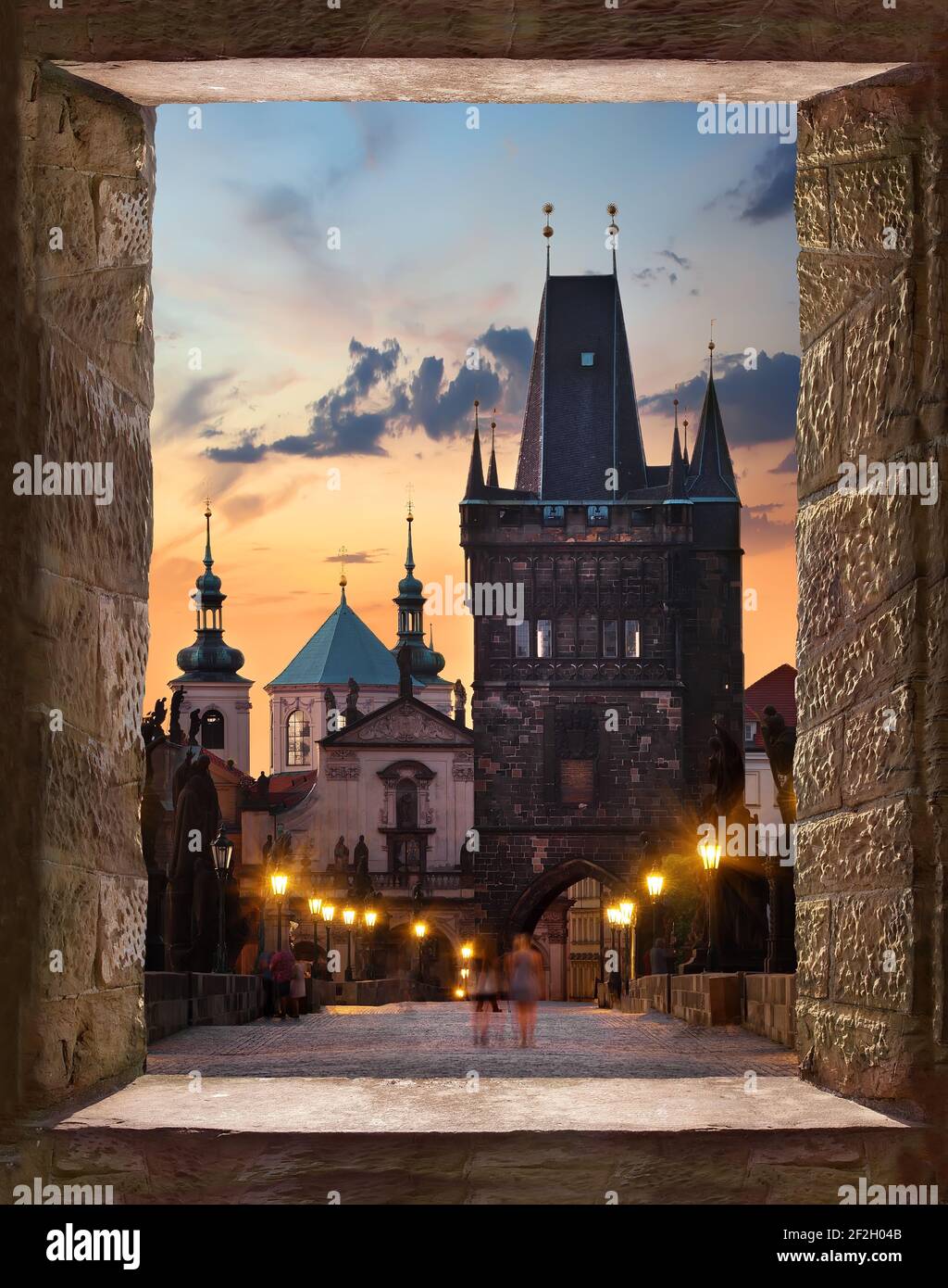 View from the ancient window to the Charles Bridge Stock Photo