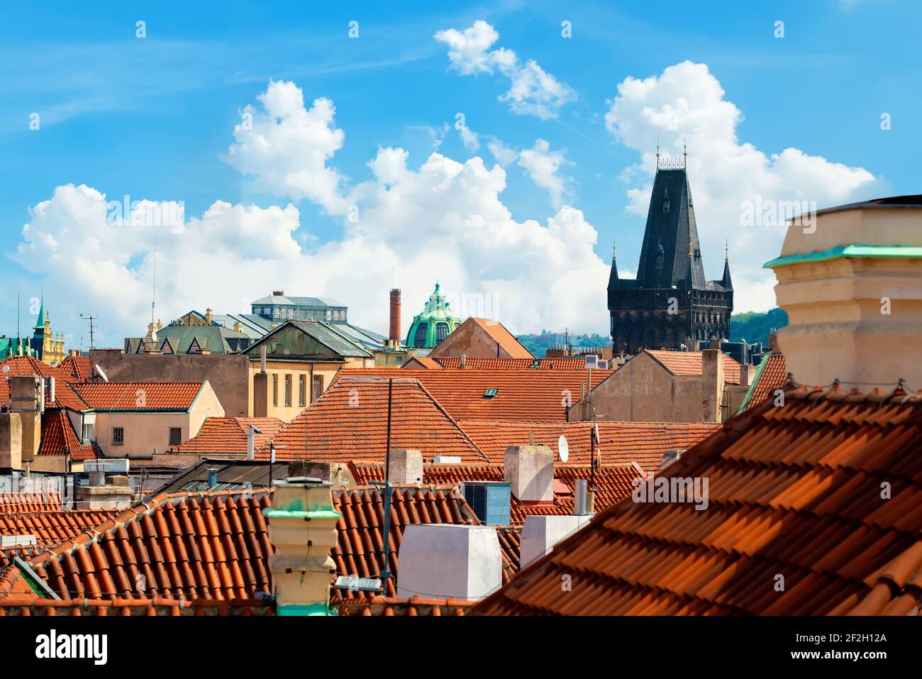 View on red roofs and Powder Tower in Prague Stock Photo