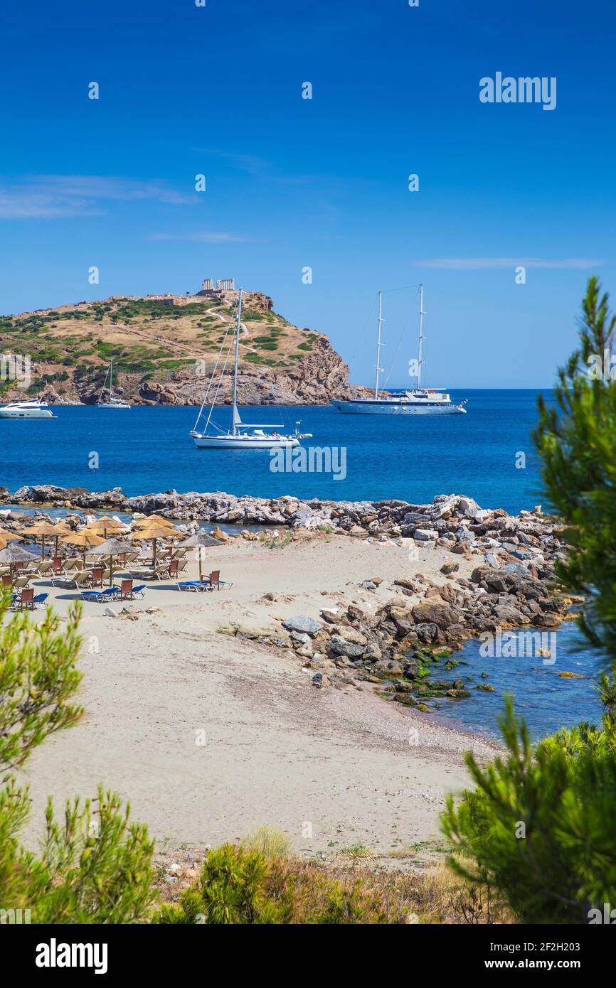 Greece, Attica, Athens, Cape Sounio, Beach at Sounio Bay and the Temple of  Poseidon Stock Photo - Alamy