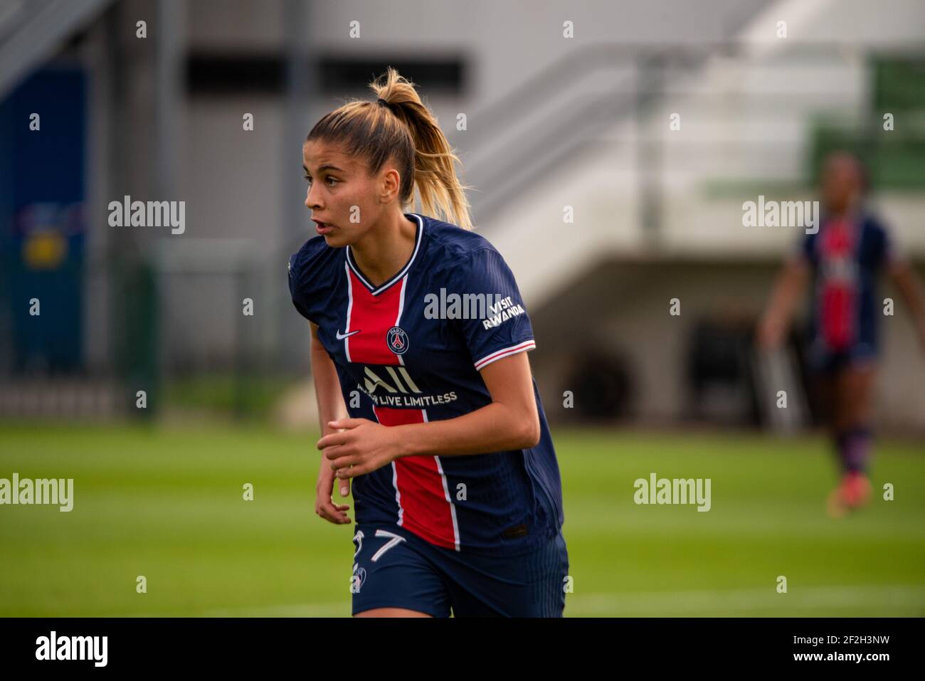 Lea Khelifi of Paris Saint Germain reacts during the Women's French  championship D1 Arkema football match between Paris Saint-Germain and EA  Guingamp on September 5, 2020 at Georges Lefevre stadium in  Saint-Germain-en-Laye,