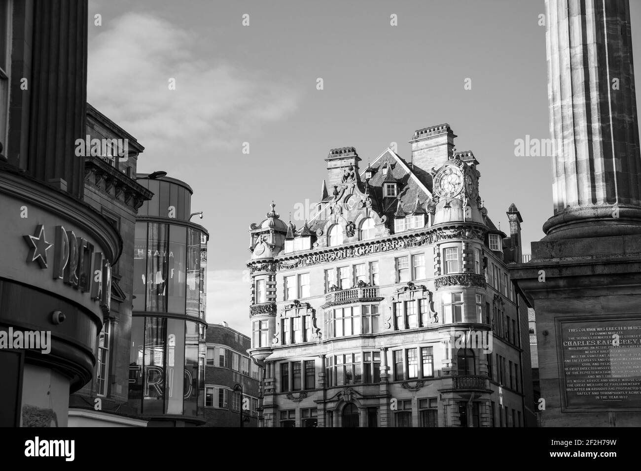 Newcastle upon Tyne England: 10th Feb 2019: Grainger Street Grey's Monument Waterstones building Newcastle Stock Photo