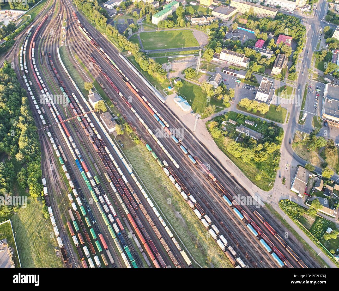 Train transportation theme. Railway station for cargo aerial view Stock Photo