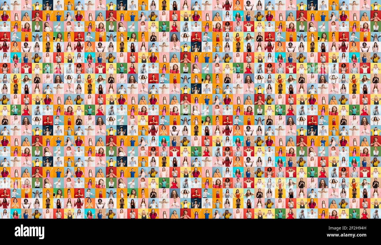 Collage of faces of surprised people on multicolored backgrounds. Happy men and women smiling. Human emotions, facial expression concept. Different human facial expressions, emotions, feelings. Stock Photo
