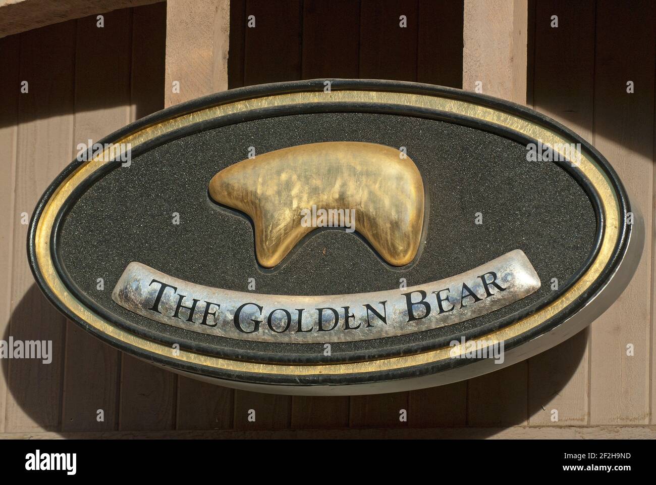 The Golden Bear jewelry store sign in Vail, Eagle County, Colorado, USA Stock Photo