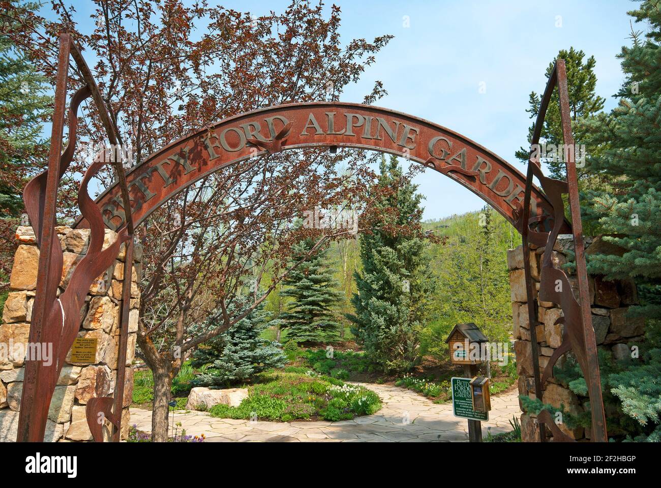 Entrance of Betty Ford Alpine Gardens (founded in 1985) in Vail, Eagle County, Colorado, USA Stock Photo
