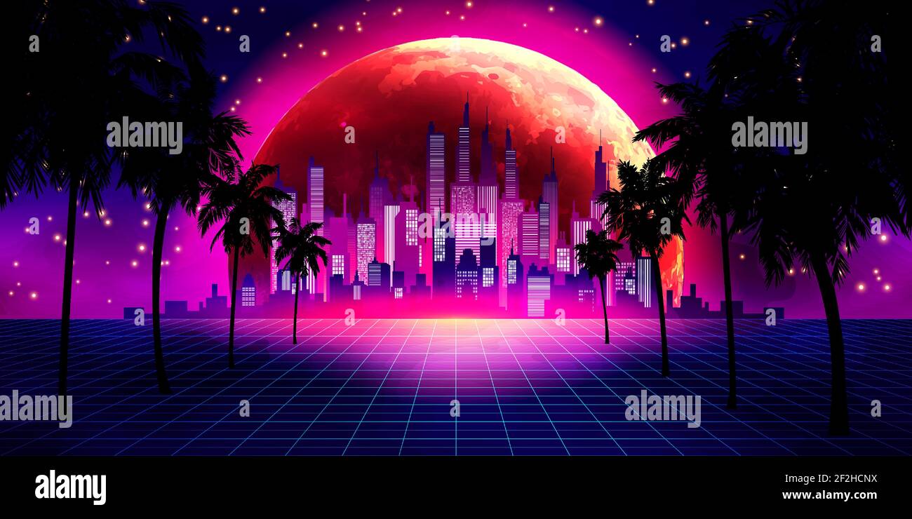Retro Futuristic Background 1980s Style with Palms Stock Vector