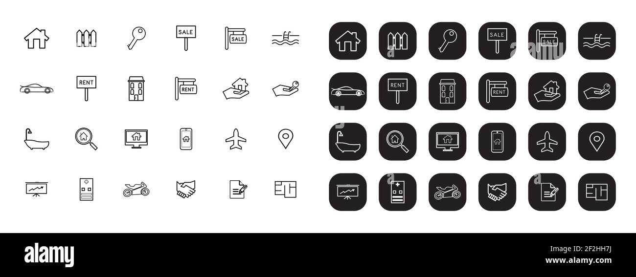 Real Estate minimal thin line web icon set.Black and white both set. Outline icons collection. Stock Vector