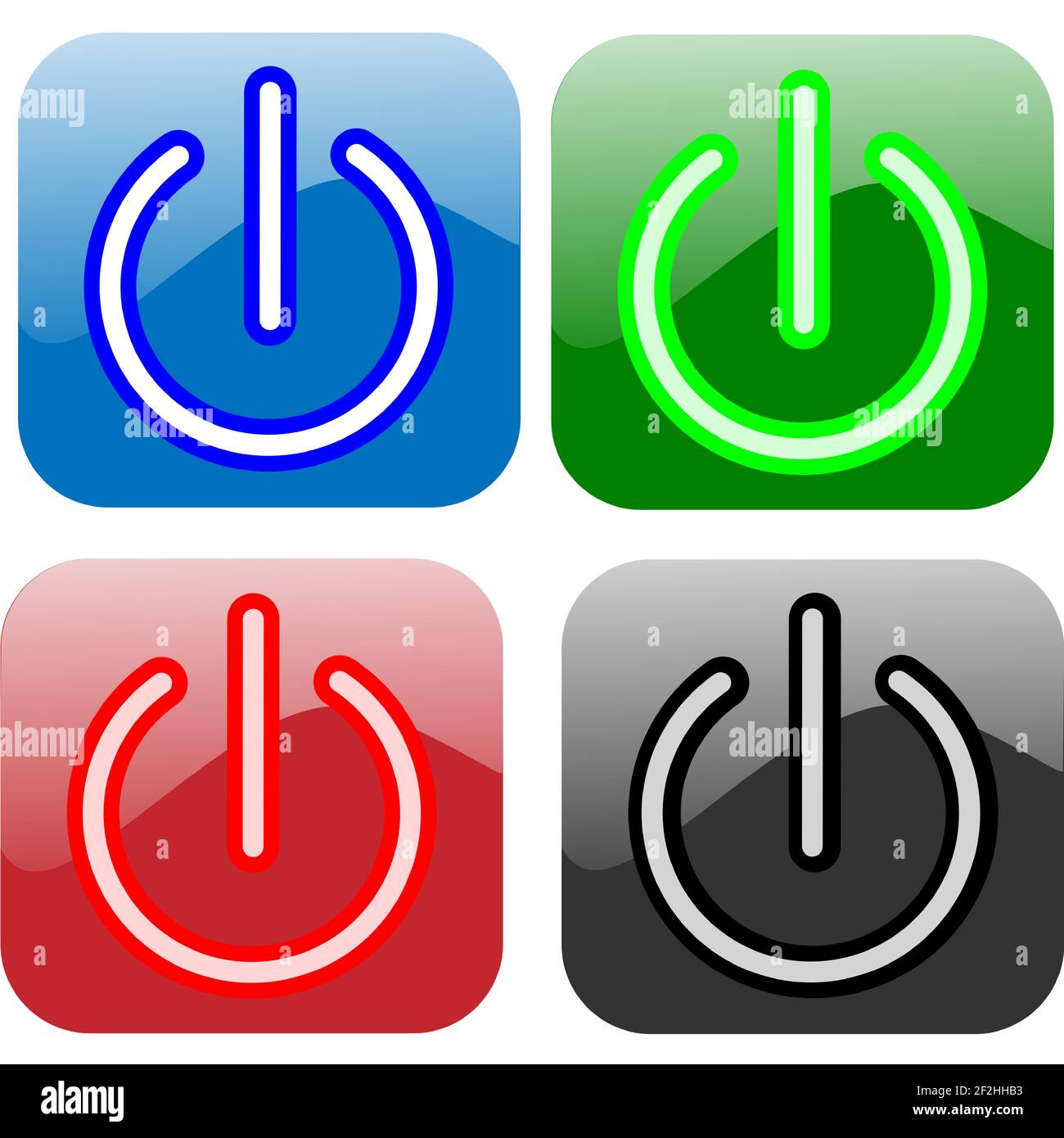 Set of digital glowing power button in blue, green, red, black colors ...