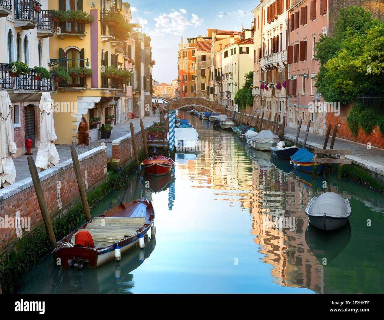 Canal of Venice and boats, Italy Stock Photo