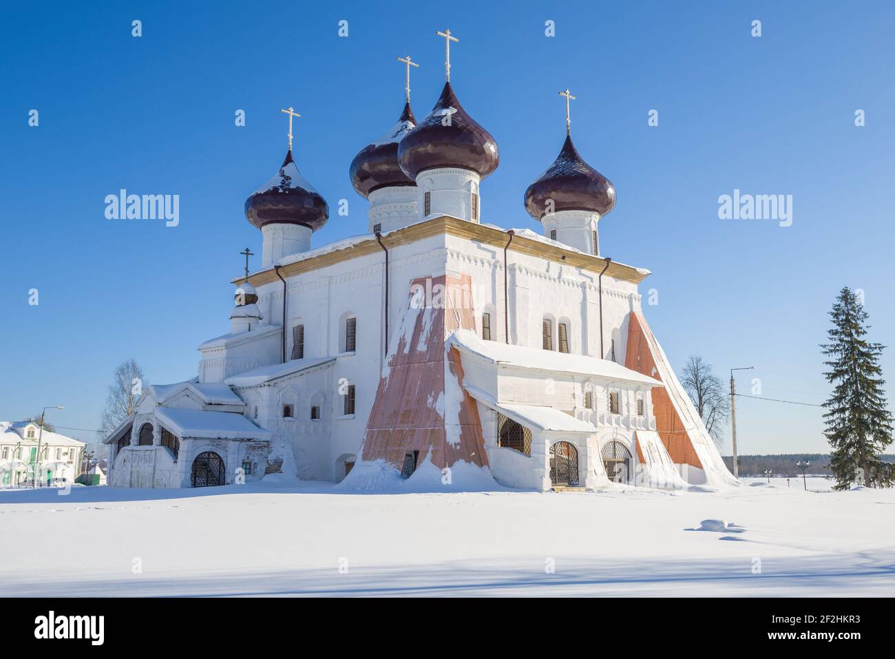 Ancient Nativity Cathedral on a sunny February day. Kargopol. Arkhangelsk region, Russia Stock Photo