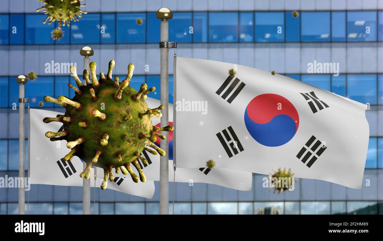 3D illustration Korean flag waving on modern skyscraper city with ...