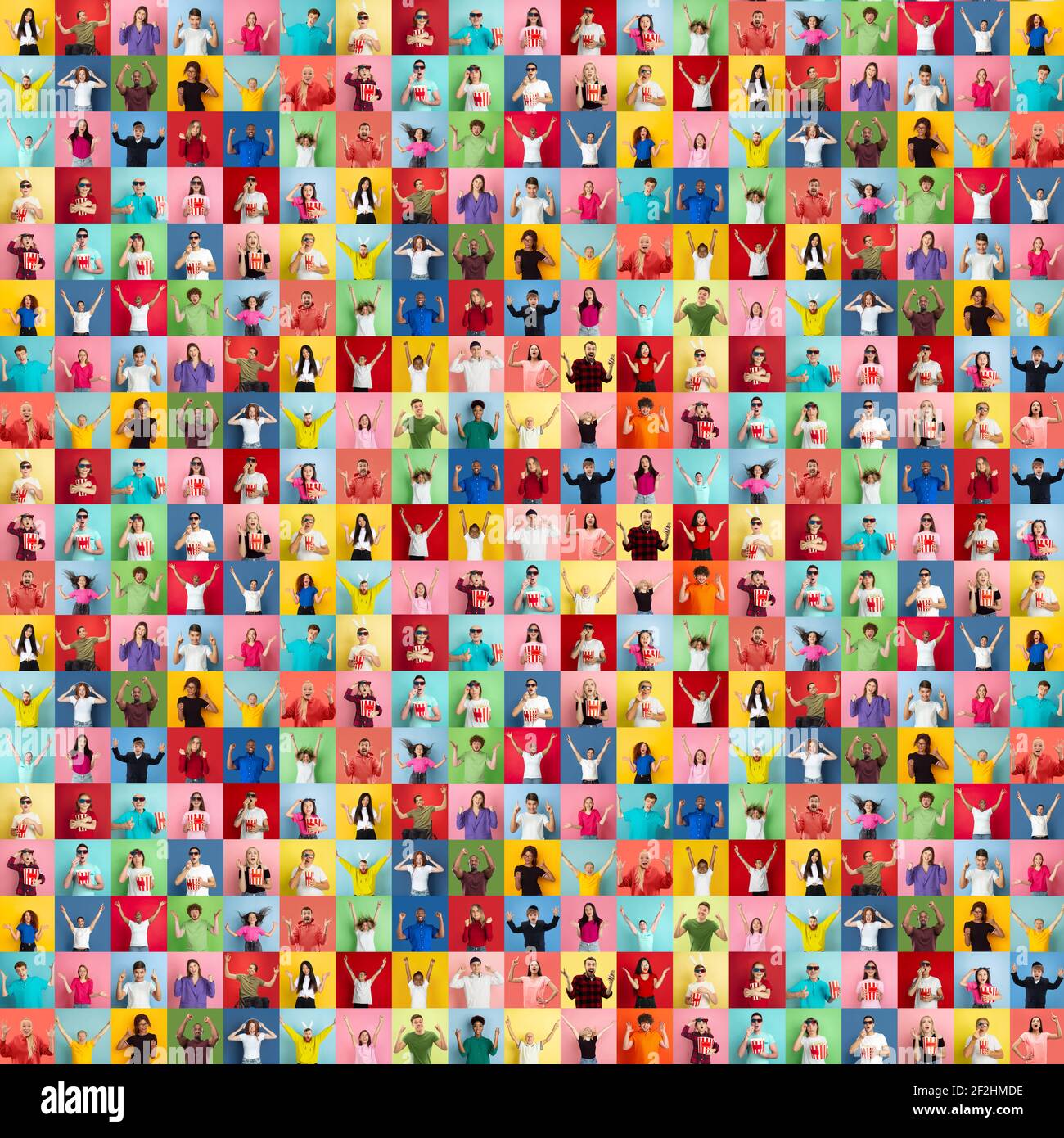 Collage of faces of happy people on multicolored backgrounds. Happy men and women smiling. Human emotions, facial expression concept. Different human facial expressions, emotions, feelings. Stock Photo