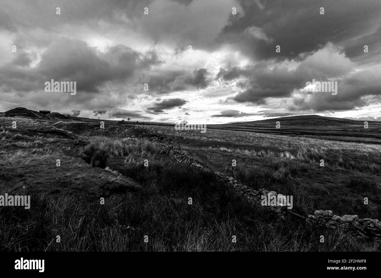A forbidding landscape of dry stone walls, windswept fields and cloud skies in the North Pennines, Weardale, County Durham, UK.(B&W) Stock Photo