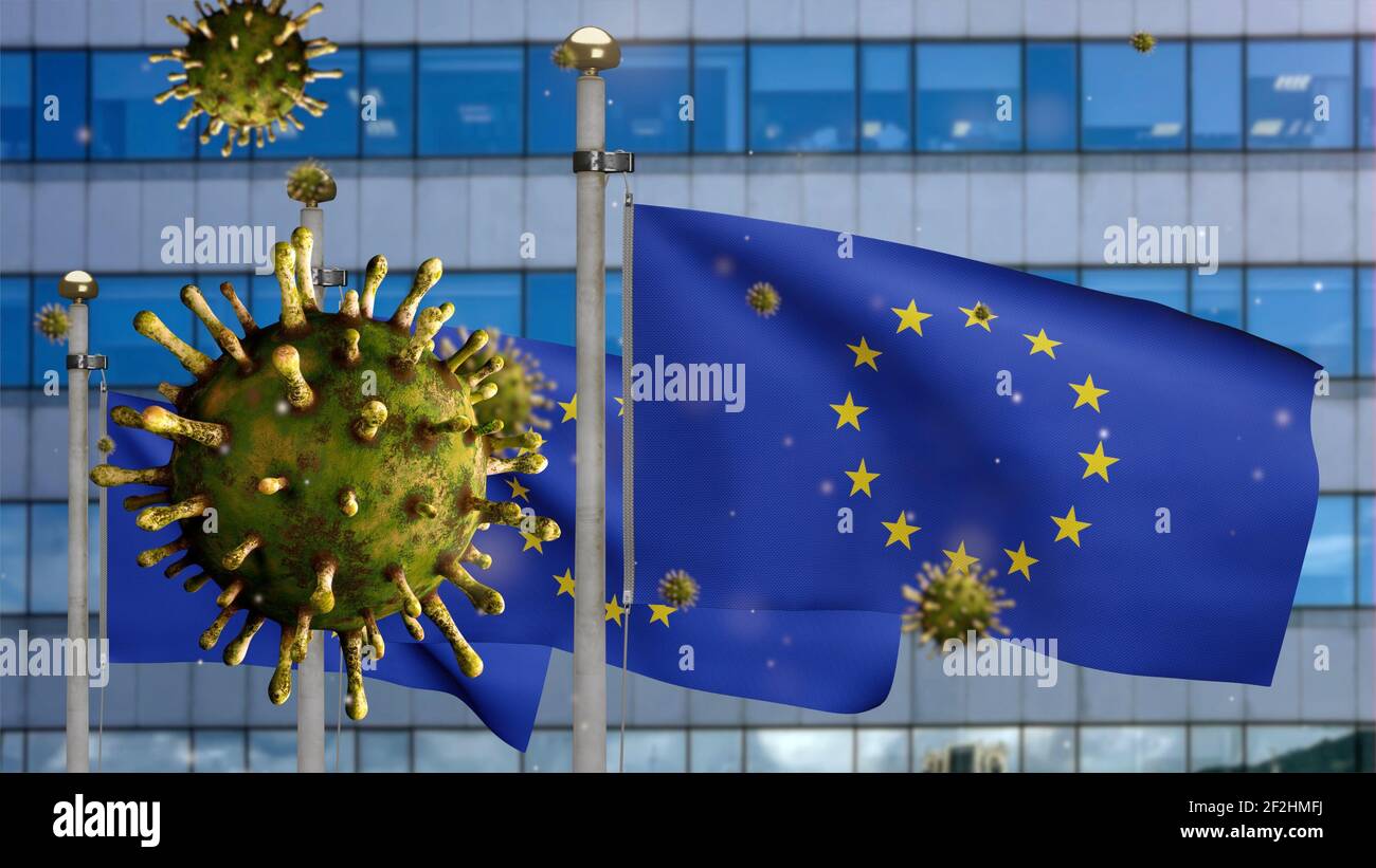 3D illustration European Union flag waving on modern skyscraper city ...