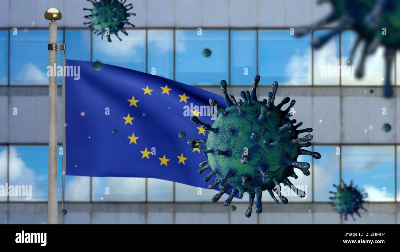 3D illustration European Union flag waving on modern skyscraper city ...