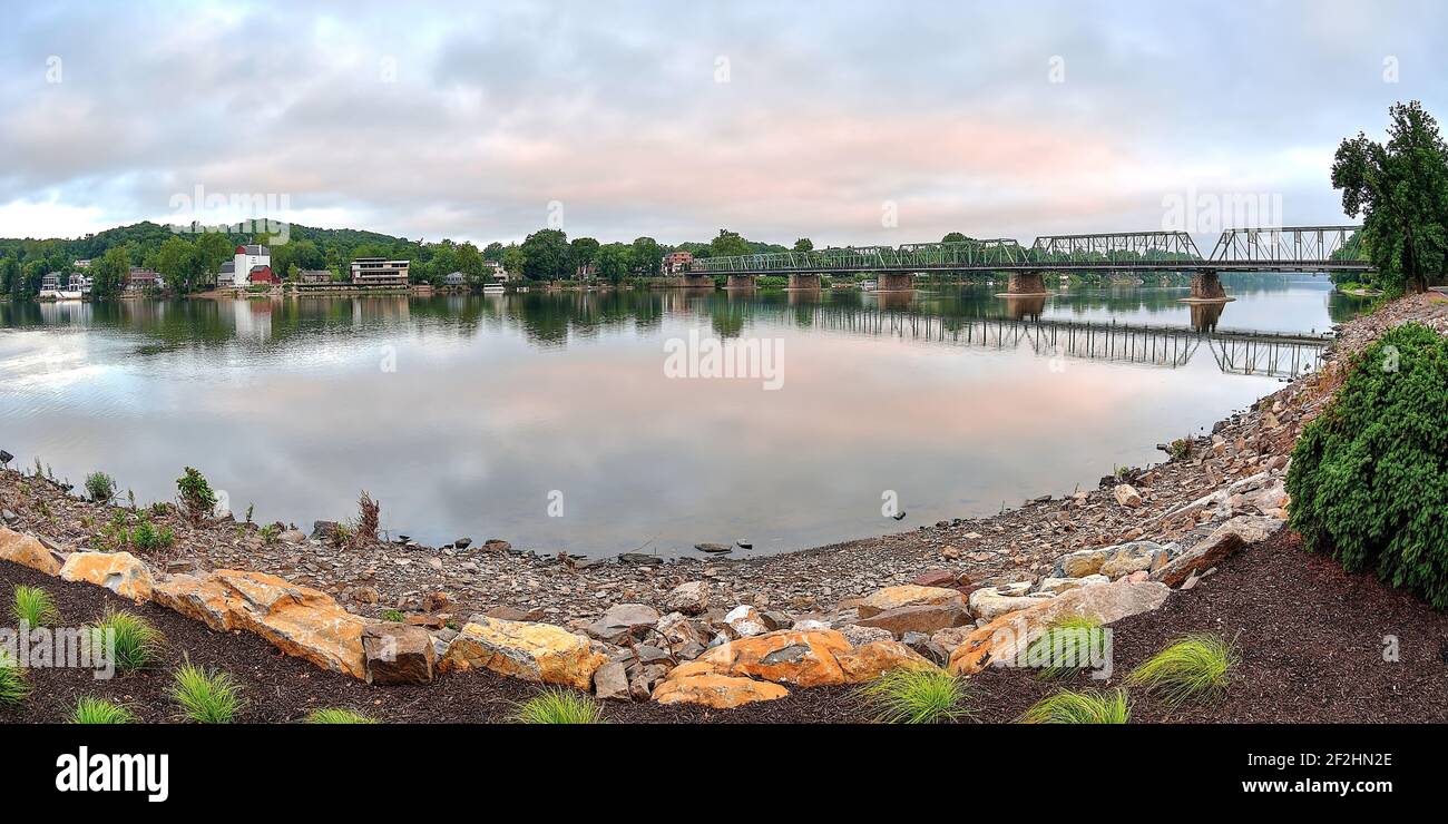 A fisheye view of the Lambertville Bridge and New Hope, PA from Lambertville, NJ Stock Photo