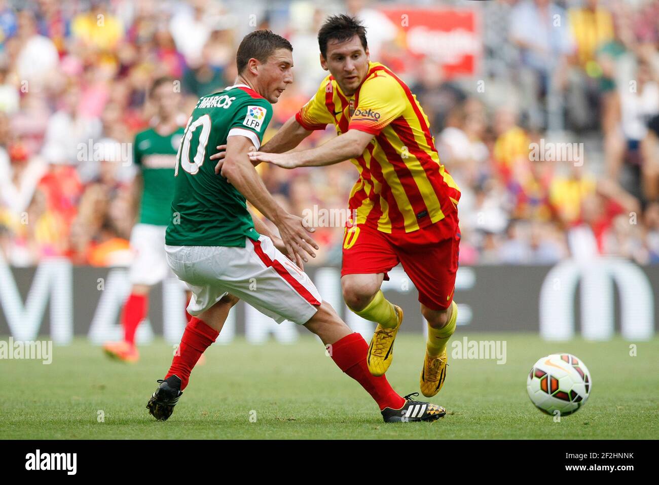Leo Messi of Barcelona and Oscar De Marcos of Athletic Club during the Spanish Championship 2014/2015 Liga football match between FC Barcelona and Athletic Bilbao on September 13, 2014 at Camp Nou stadium in Barcelona, Spain. Photo Bagu Blanco / DPPI Stock Photo