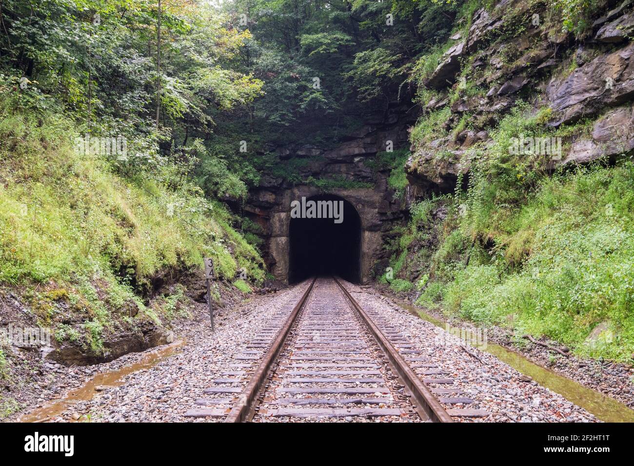A rail, train line goes through a stone tunnel in the Appalachian