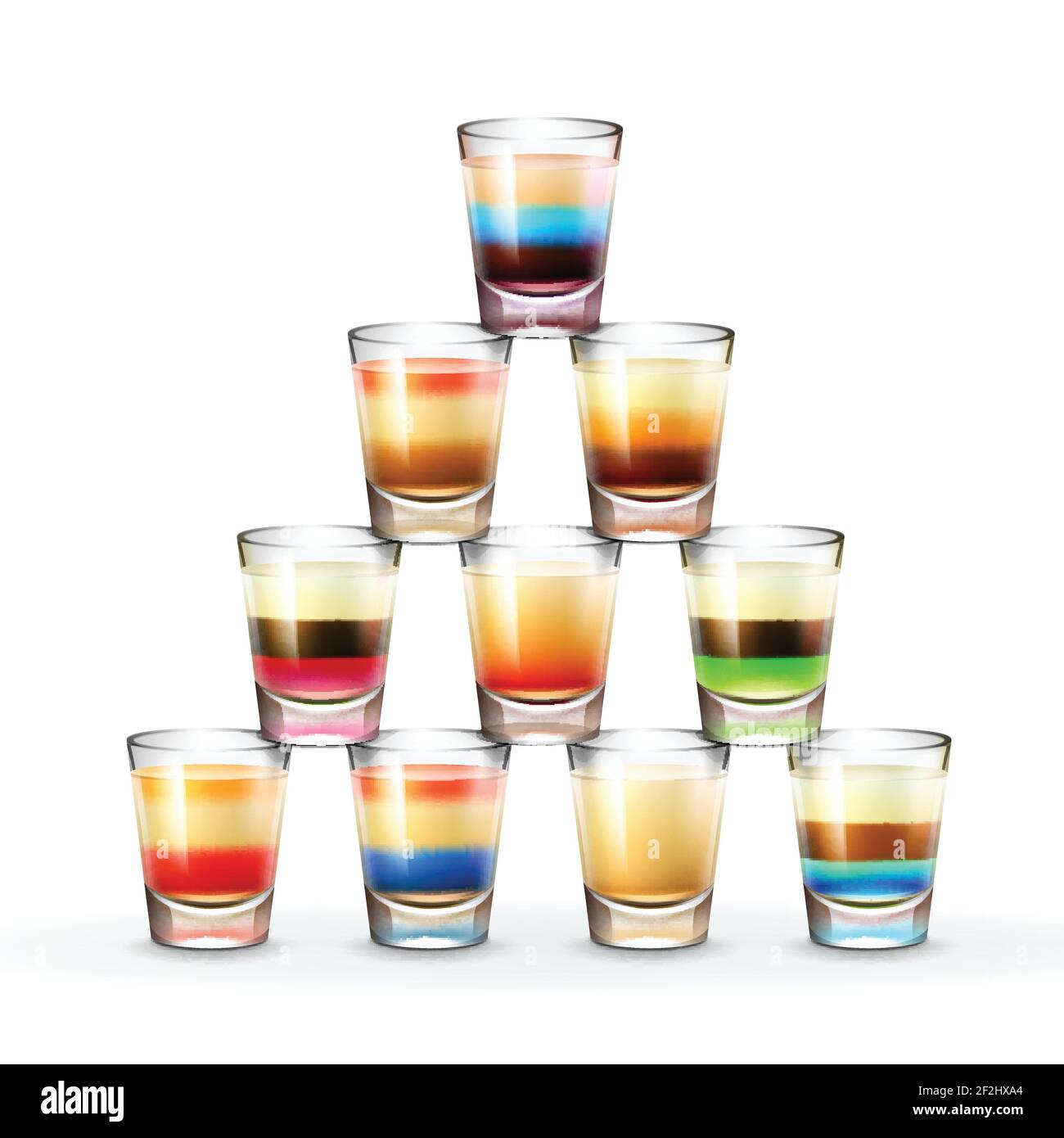 Vector pyramid of different colored striped alcoholic shots isolated on white background Stock Vector