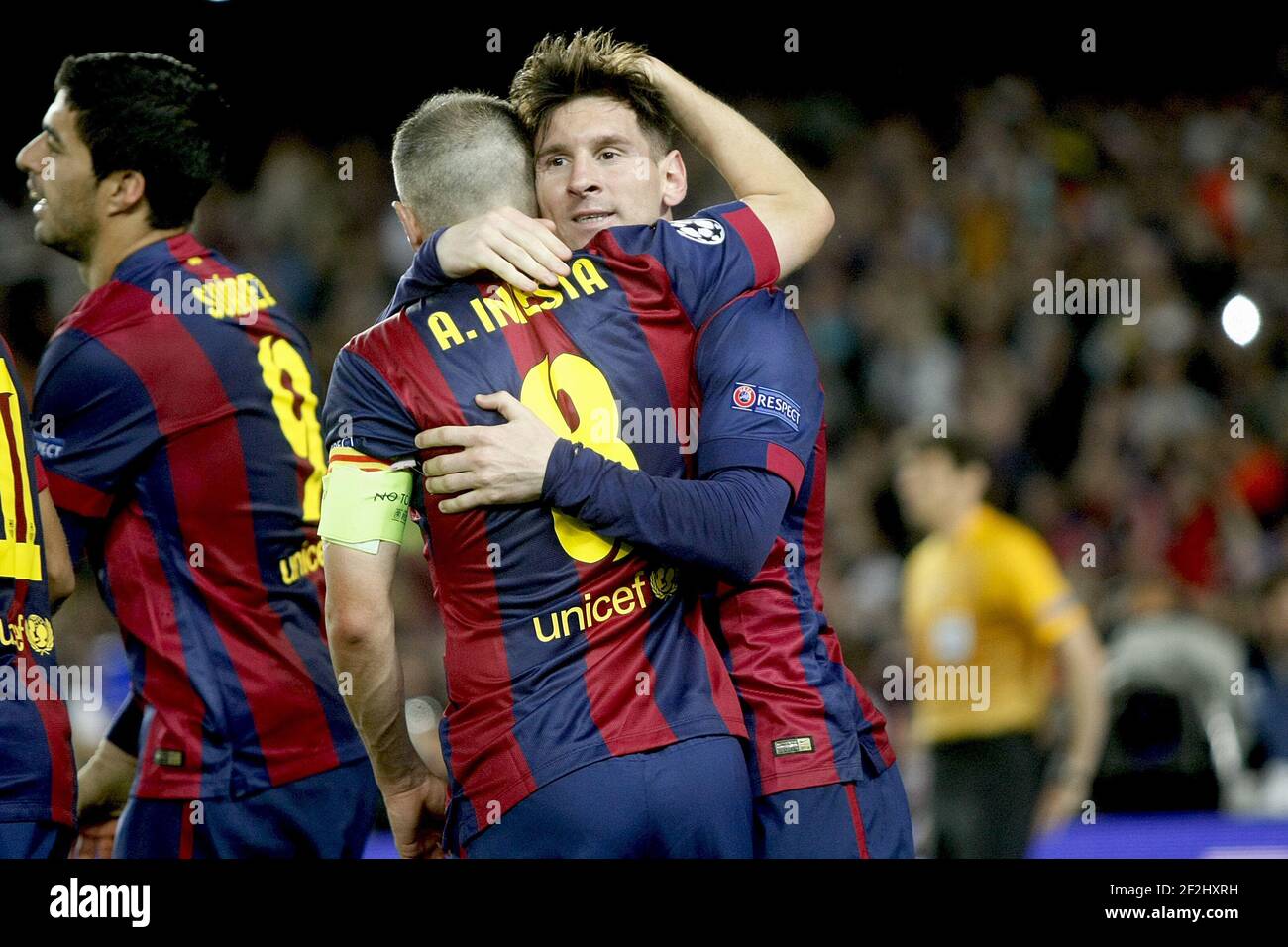 Leo Messi and Andres Iniesta celebrating Messi first goal during the Champions League Semi-final 2014/2015 football match between FC Barcelona and Bayern Munchen on May 06, 2014 at Camp Nou stadium in Barcelona, Spain. Photo Bagu Blanco / DPPI Stock Photo