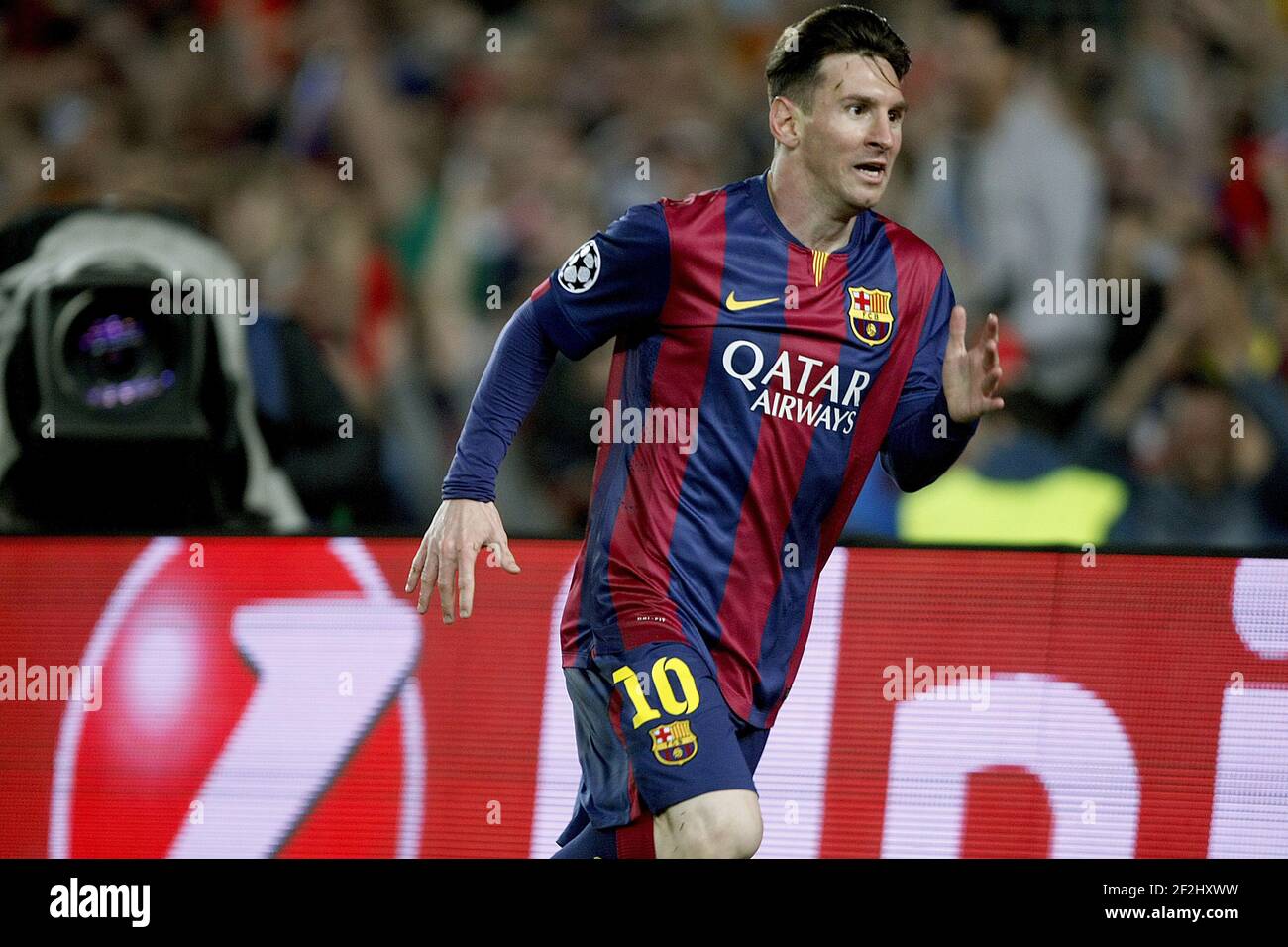 Leo Messi of Barcelona celebrates his second goal during the Champions League Semi-final 2014/2015 football match between FC Barcelona and Bayern Munchen on May 06, 2014 at Camp Nou stadium in Barcelona, Spain. Photo Bagu Blanco / DPPI Stock Photo