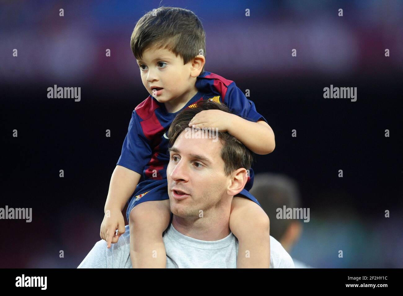 Leo Messi of Barcelona and his son during the celebration of the victory of FC Barcelona in the Spanish League football match between FC Barcelona and Deportivo on May 23, 2014 at Camp Nou stadium in Barcelona, Spain. Photo Bagu Blanco / DPPI Stock Photo
