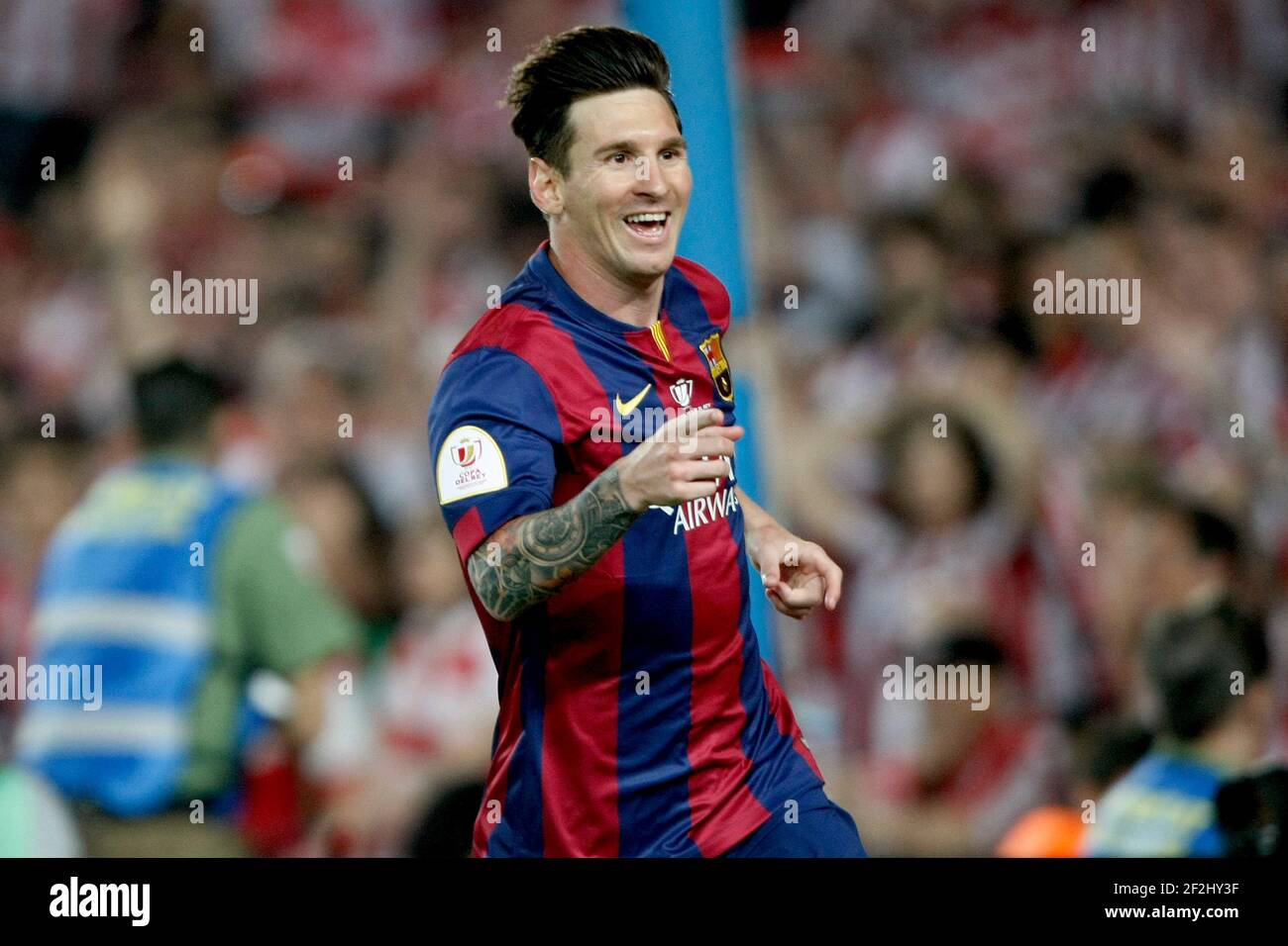 Leo Messi of Barcelona celebrating goal during the Spanish Copa del Rey 2014/2015 football match (final) between Athletic club and Barcelona on May 30, 2015 at camp Nou stadium in Barcelona, Spain. Photo Bagu Blanco / DPPI Stock Photo