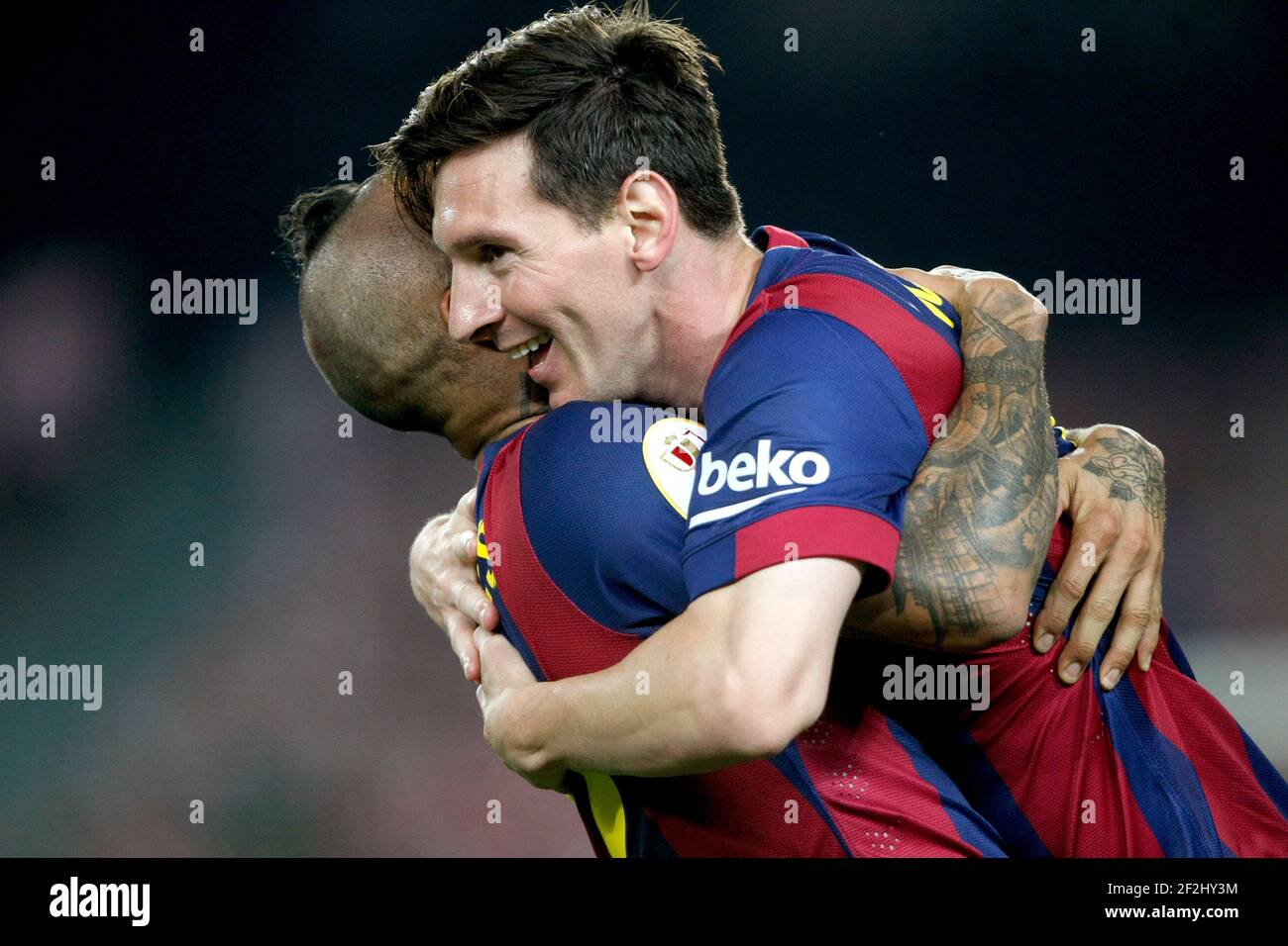 Leo Messi and Daniel Alves of Barcelona celebrating goal during the Spanish Copa del Rey 2014/2015 football match (final) between Athletic club and Barcelona on May 30, 2015 at camp Nou stadium in Barcelona, Spain. Photo Bagu Blanco / DPPI Stock Photo
