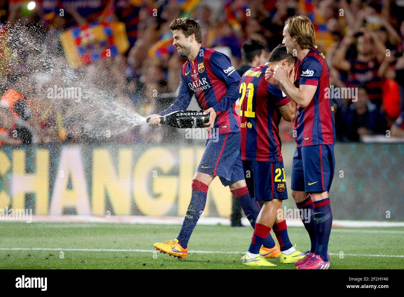 Gerard Pique and Ivan Rakitic of Barcelona celebrating the victory during the Spanish Copa del Rey 2014/2015 football match (final) between Athletic club and Barcelona on May 30, 2015 at camp Nou stadium in Barcelona, Spain. Photo Bagu Blanco / DPPI Stock Photo