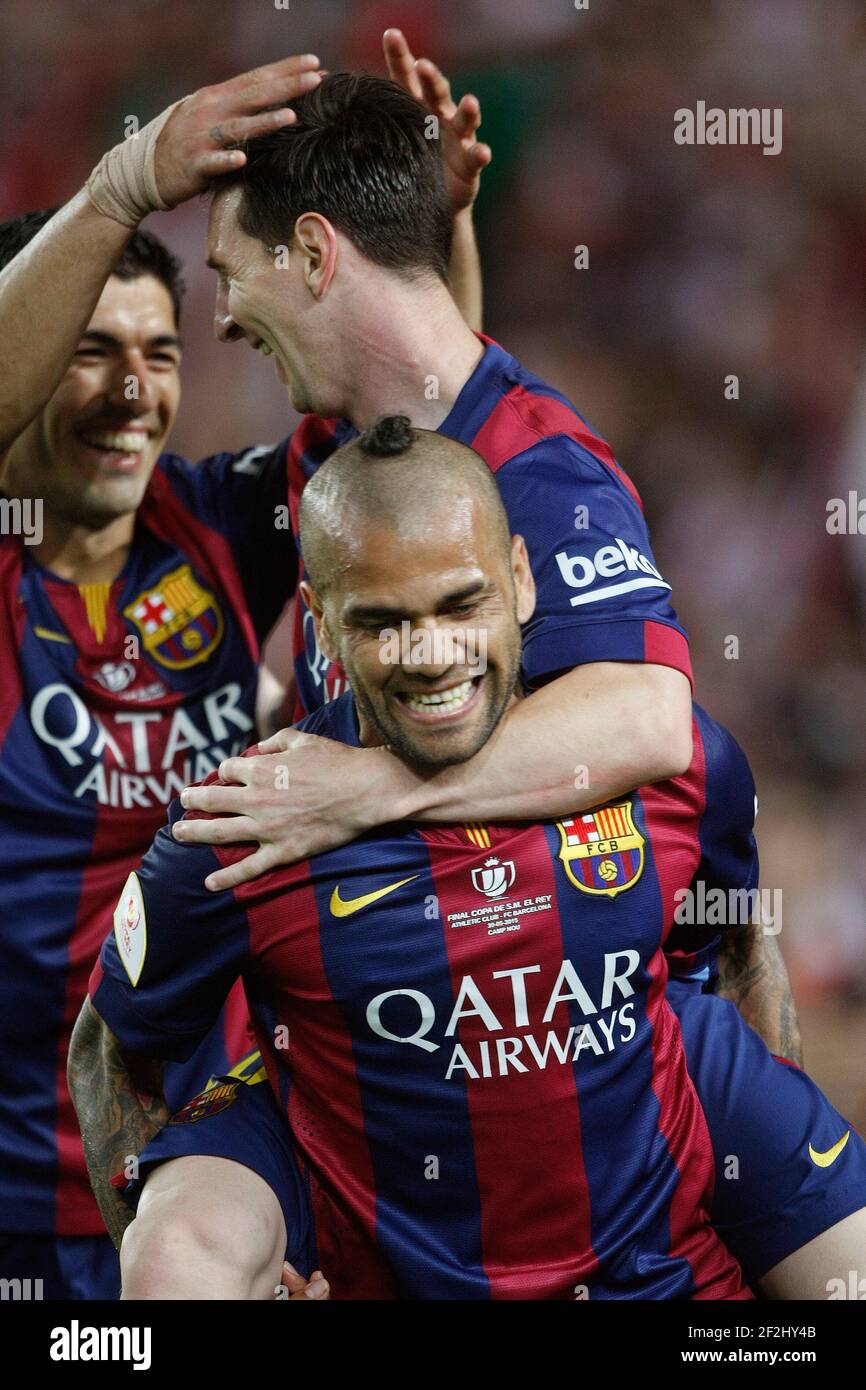 Leo MessI, Daniel Alves and Luis Suarez of Barcelona celebrating goal during the Spanish Copa del Rey 2014/2015 football match (final) between Athletic club and Barcelona on May 30, 2015 at camp Nou stadium in Barcelona, Spain. Photo Bagu Blanco / DPPI Stock Photo