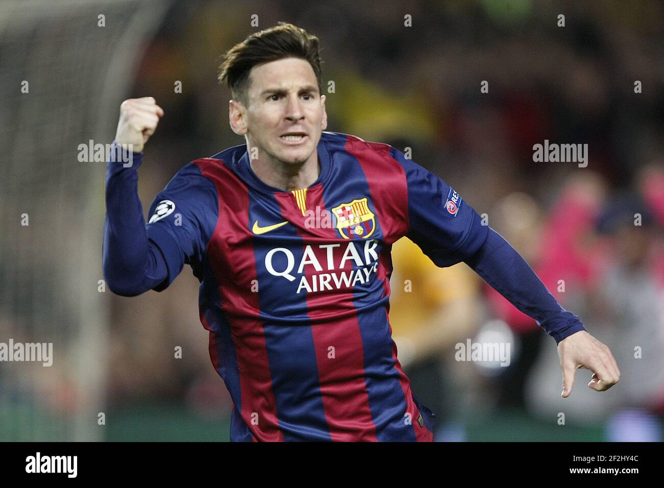 Leo Messi of Barcelona celebrates his first goal during the Champions League Semi-final 2014/2015 football match between FC Barcelona and Bayern Munchen on May 06, 2014 at Camp Nou stadium in Barcelona, Spain. Photo Bagu Blanco / DPPI Stock Photo