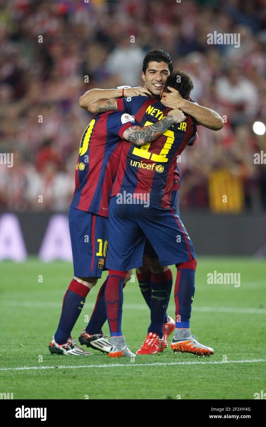 Leo Messi, Luis Suarez and Neymar da Silva Santos of Barcelona celebrating the victory during the Spanish Copa del Rey 2014/2015 football match (final) between Athletic club and Barcelona on May 30, 2015 at camp Nou stadium in Barcelona, Spain. Photo Bagu Blanco / DPPI Stock Photo