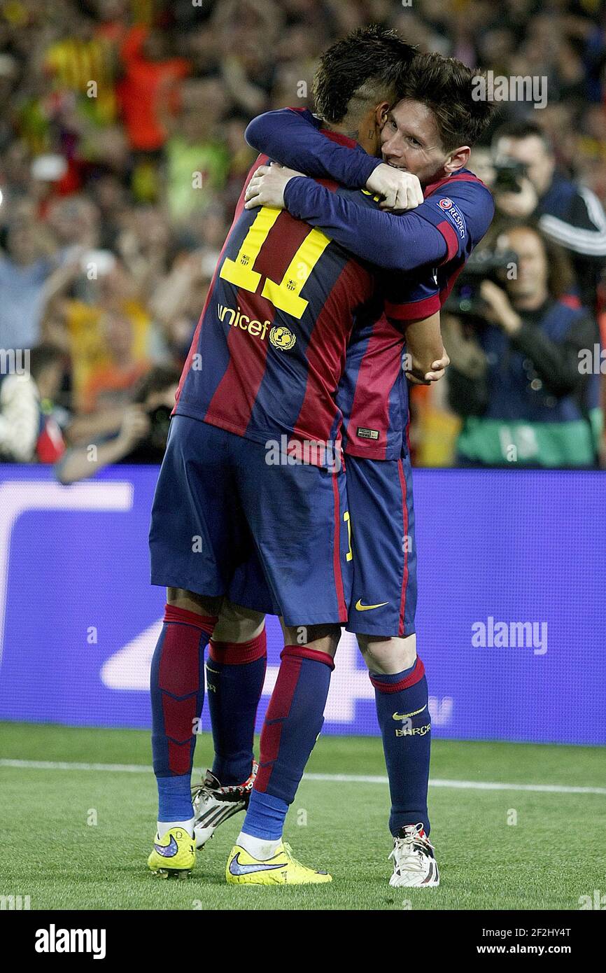 Leo Messi and Neymar da Silva Santos celebrating the Messi first goal during the Champions League Semi-final 2014/2015 football match between FC Barcelona and Bayern Munchen on May 06, 2014 at Camp Nou stadium in Barcelona, Spain. Photo Bagu Blanco / DPPI Stock Photo
