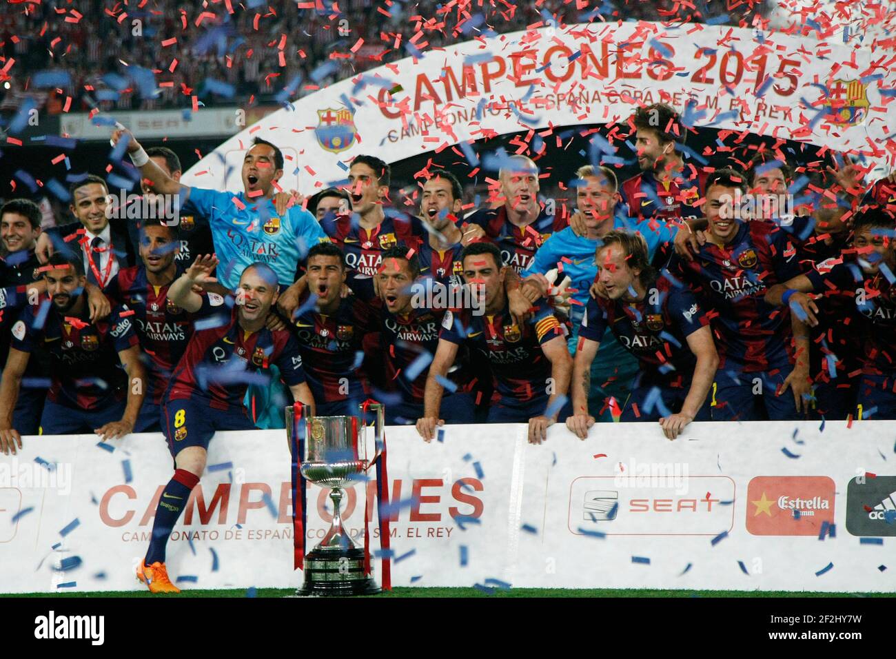 Barcelona team group celebrating the victory during the Spanish Copa del Rey 2014/2015 football match (final) between Athletic club and Barcelona on May 30, 2015 at camp Nou stadium in Barcelona, Spain. Photo Bagu Blanco / DPPI Stock Photo