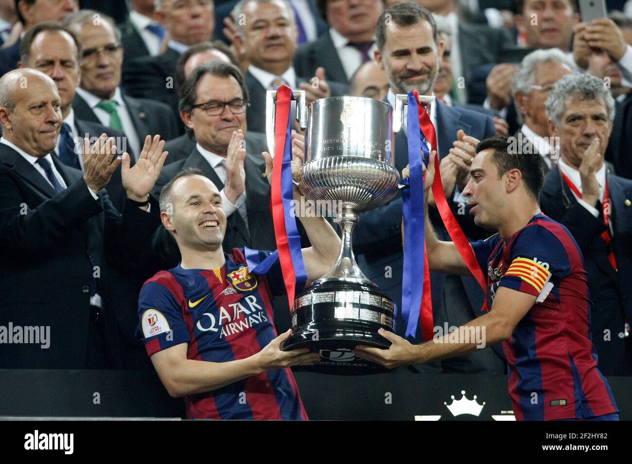 Andres Iniesta and Xavi Hernandez of Barcelona celebrating with his sons the victory during the Spanish Copa del Rey 2014/2015 football match (final) between Athletic club and Barcelona on May 30, 2015 at camp Nou stadium in Barcelona, Spain. Photo Bagu Blanco / DPPI Stock Photo