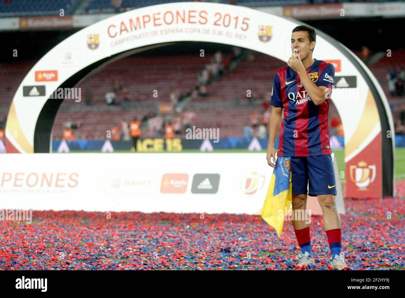 Pedro Rodriguez of Barcelona celebrating the victory during the Spanish Copa del Rey 2014/2015 football match (final) between Athletic club and Barcelona on May 30, 2015 at camp Nou stadium in Barcelona, Spain. Photo Bagu Blanco / DPPI Stock Photo