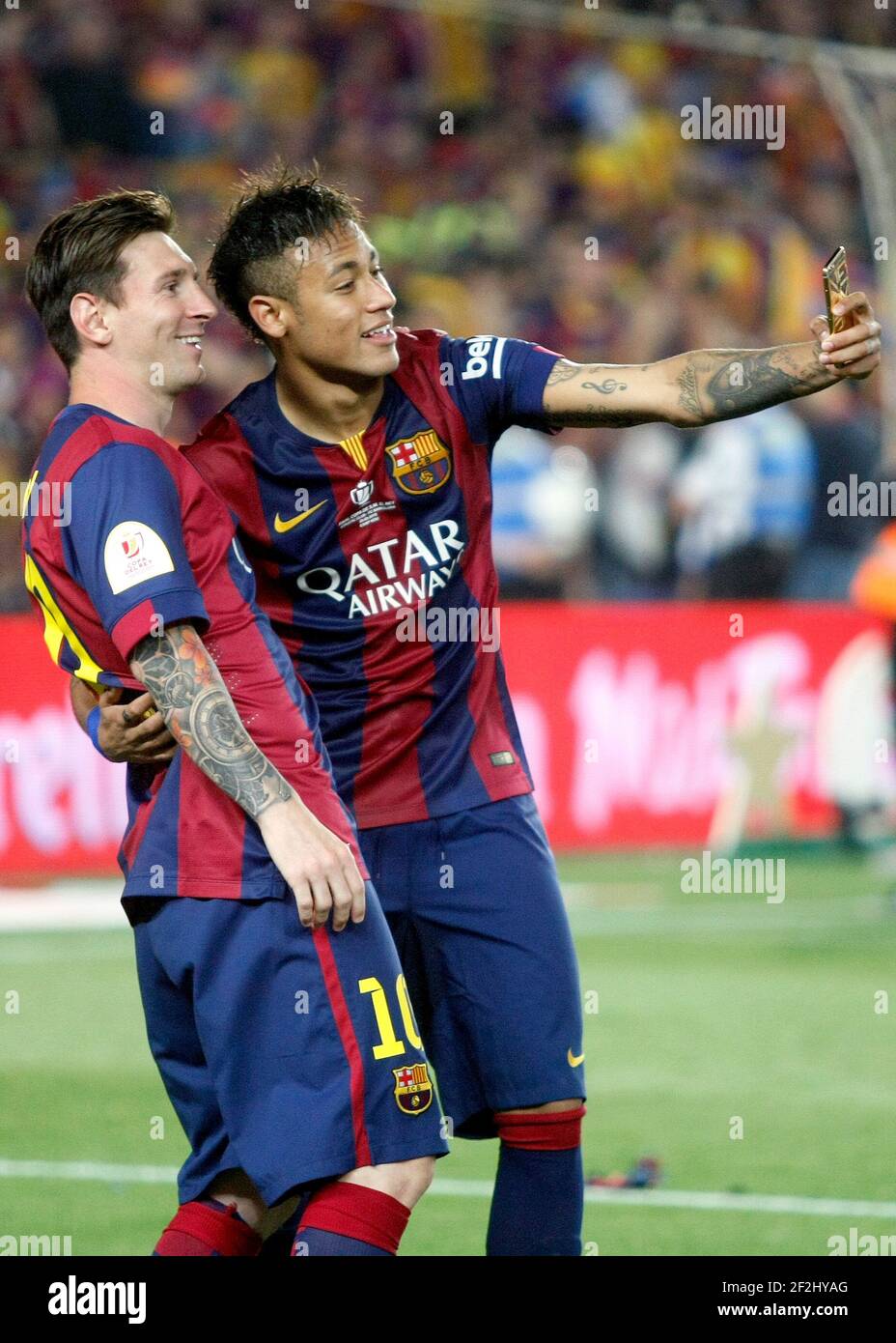 Leo Messi and Neymar da Silva Santos of Barcelona celebrating the victory during the Spanish Copa del Rey 2014/2015 football match (final) between Athletic club and Barcelona on May 30, 2015 at camp Nou stadium in Barcelona, Spain. Photo Bagu Blanco / DPPI Stock Photo