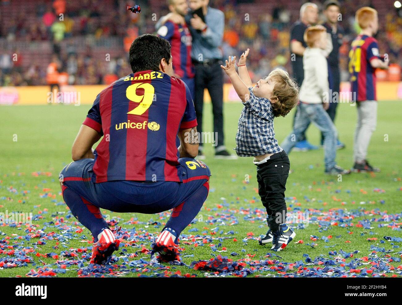 Luis Suarez of Barcelona celebrating with his son the victory during the Spanish Copa del Rey 2014/2015 football match (final) between Athletic club and Barcelona on May 30, 2015 at camp Nou stadium in Barcelona, Spain. Photo Bagu Blanco / DPPI Stock Photo