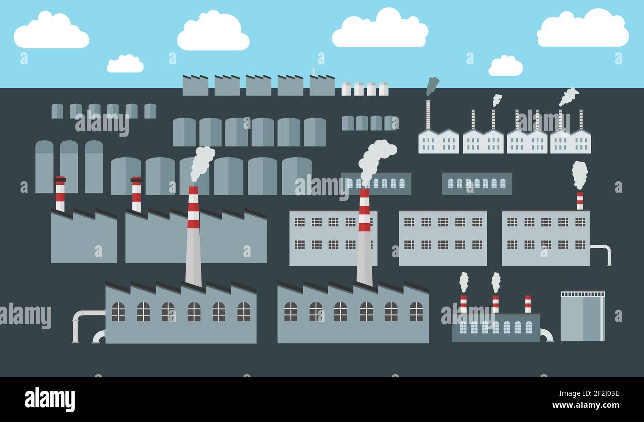Factory complex flat design. Vector large factory buildings. Industrial ...