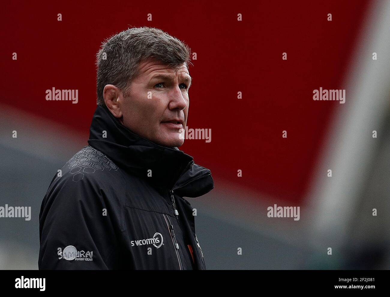File photo dated 02-03-2019 of Exeter Chiefs' coach Rob Baxter watches his team warm up before their Gallagher Premiership match at the AJ Bell Stadium, Salford. Issue date: Friday March 12, 2021. Stock Photo