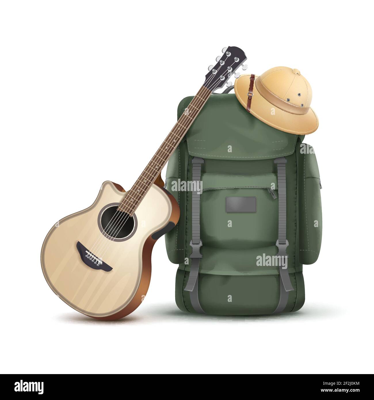 Vector big green backpack with safari hat and guitar isolated on white background Stock Vector
