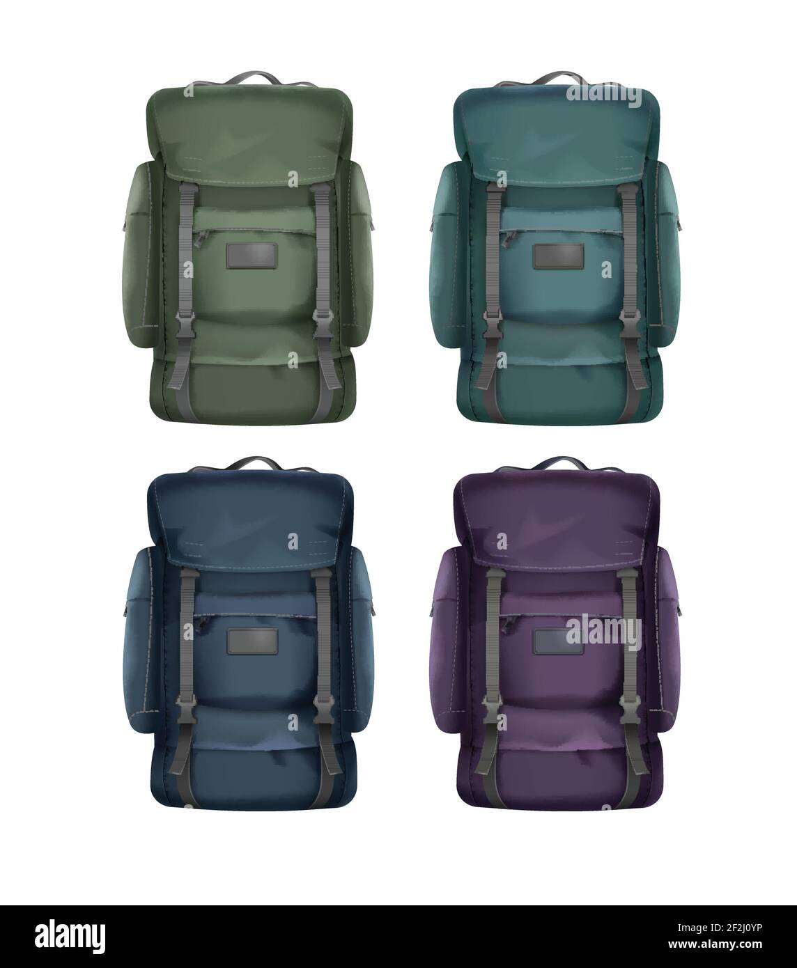 Vector set of big green, blue, violet, turquoise travel backpacks front view isolated on white background Stock Vector