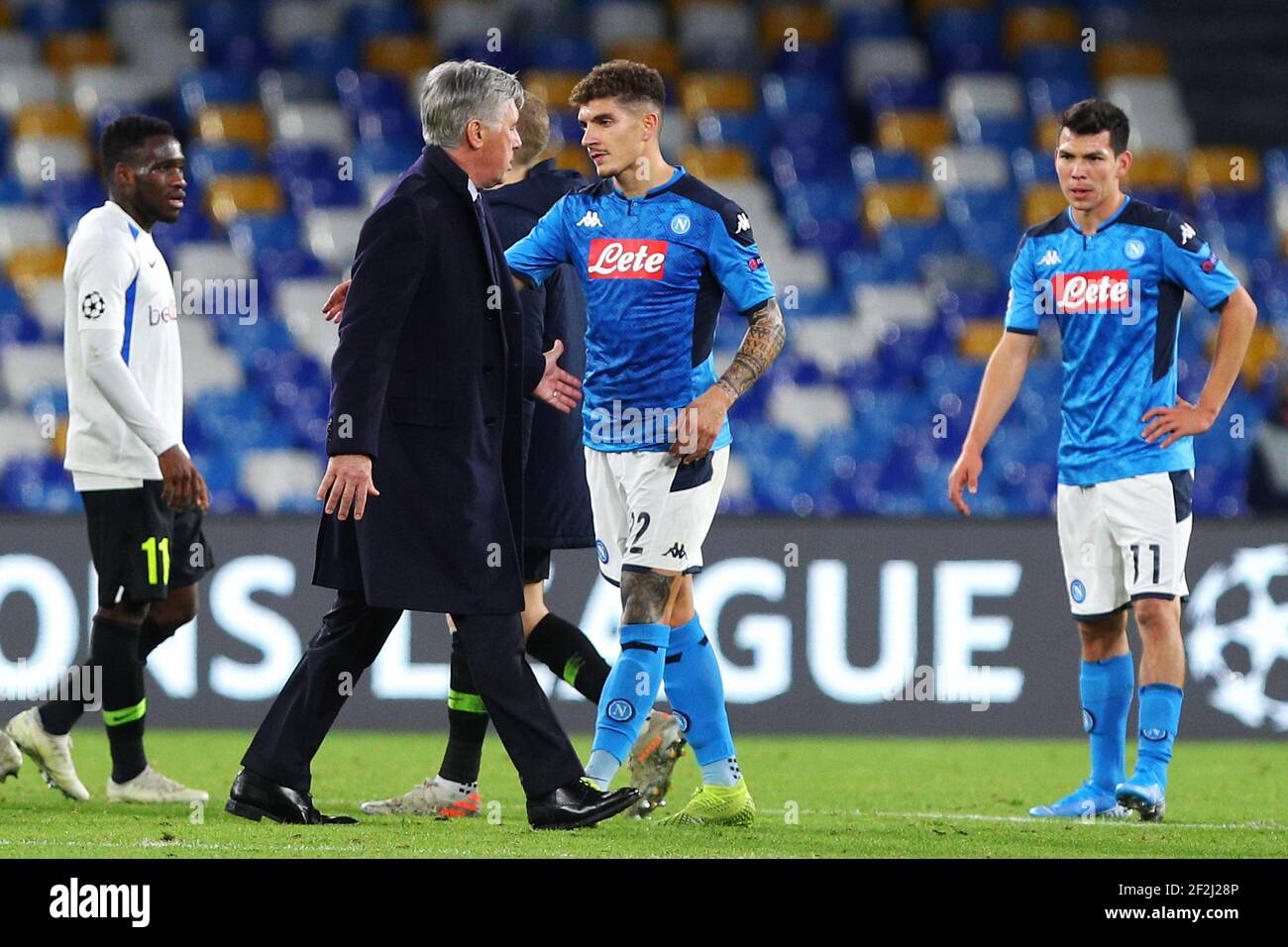 Head Coach Of Napoli Carlo Ancelotti Greets Giovanni Di Lorenzo At The End Of The Uefa Champions League Group E Football Match Between Ssc Napoli And Krc Genk On December 10 2019<script async src=