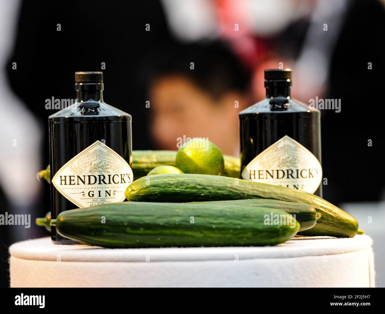 Two bottles of Hendrick's Gin and cucumbers Stock Photo