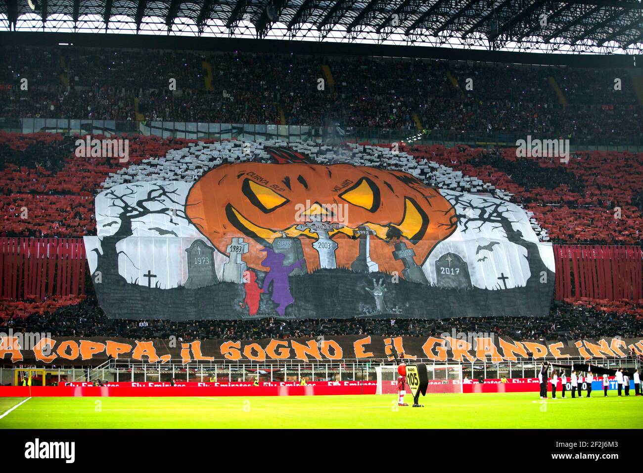 Milan fans make a tifo during the Italian championship Serie A football  match between Milan AC