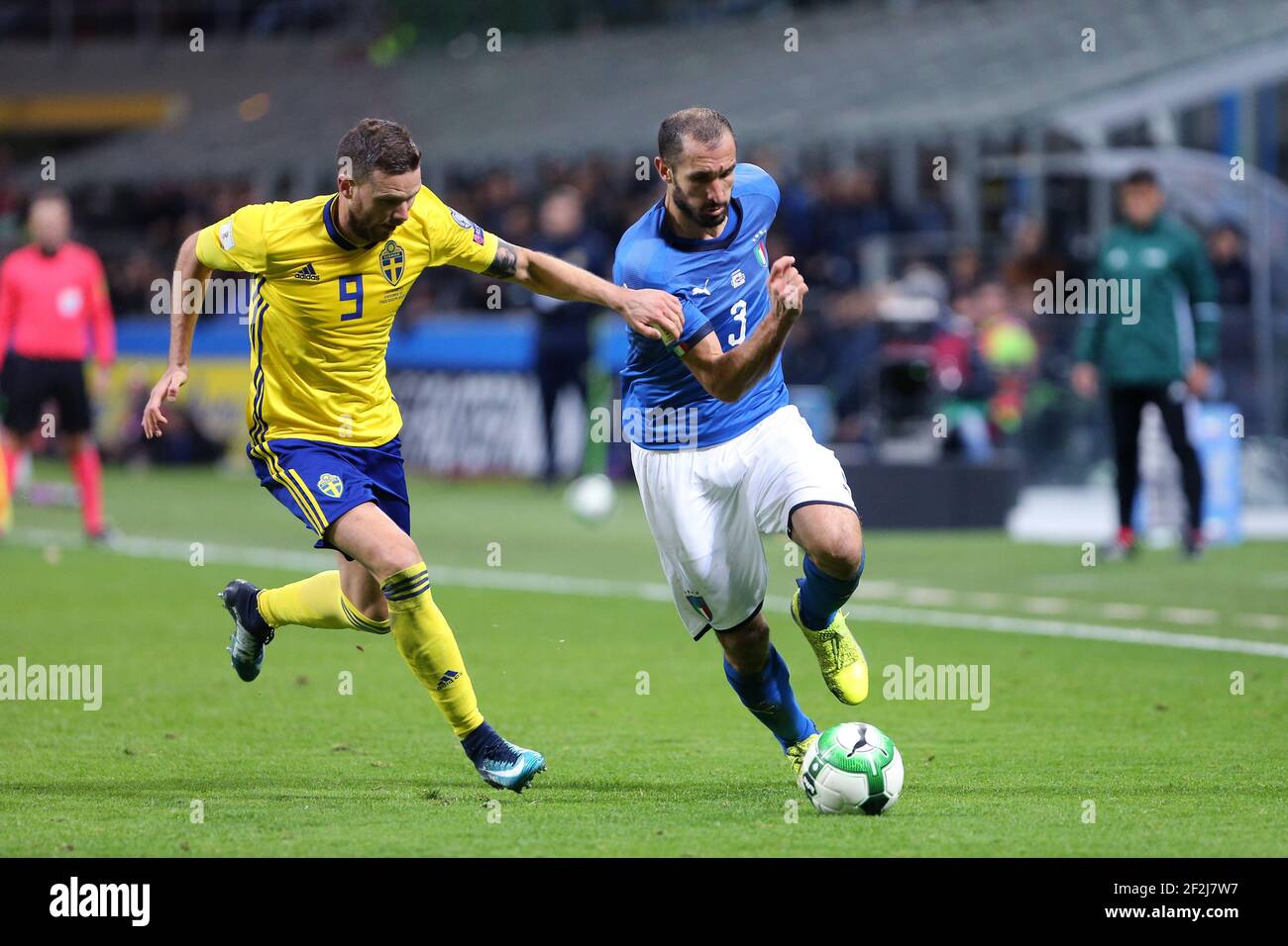 Giorgio Chiellini of Italy and Marcus Berg of Sweden during the FIFA World Cup 2018, Qualifying Playoffs, 2nd round, football match between Italy and Sweden on November 13, 2017 at Giuseppe Meazza stadium in Milan, Italy - Photo Morgese - Rossini / DPPI Stock Photo