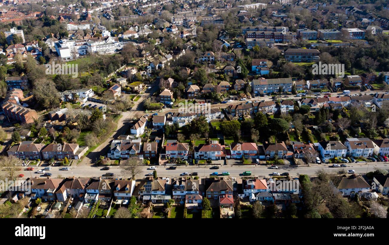 Panoramic aerial view looking down on Warren Avenue, Bromley, South East London, taken from Warren Avenue Playing field Stock Photo