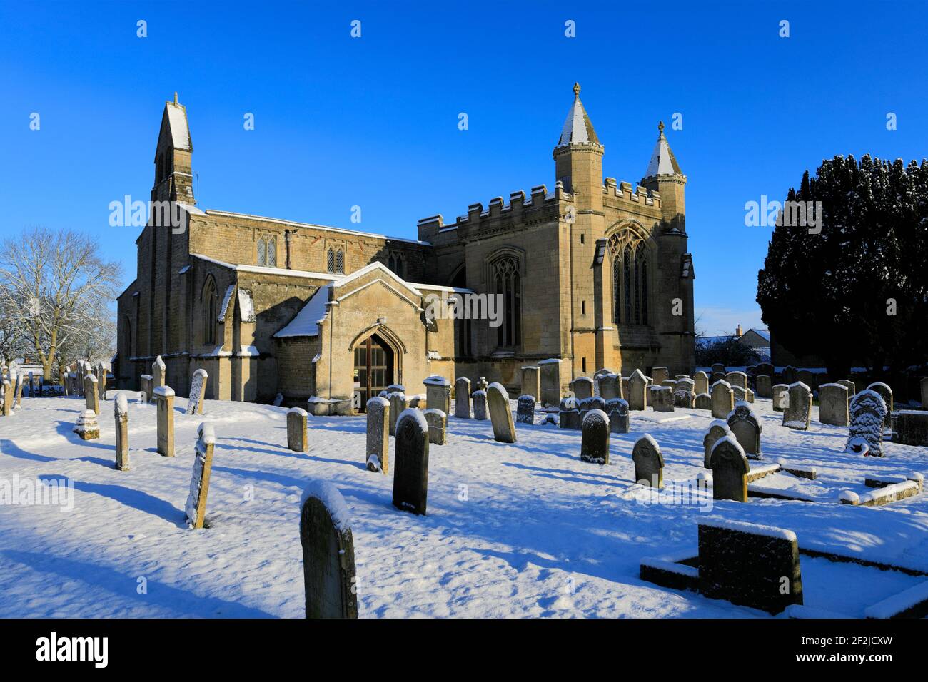 Snow over St Andrews church, Northborough village, Cambridgeshire