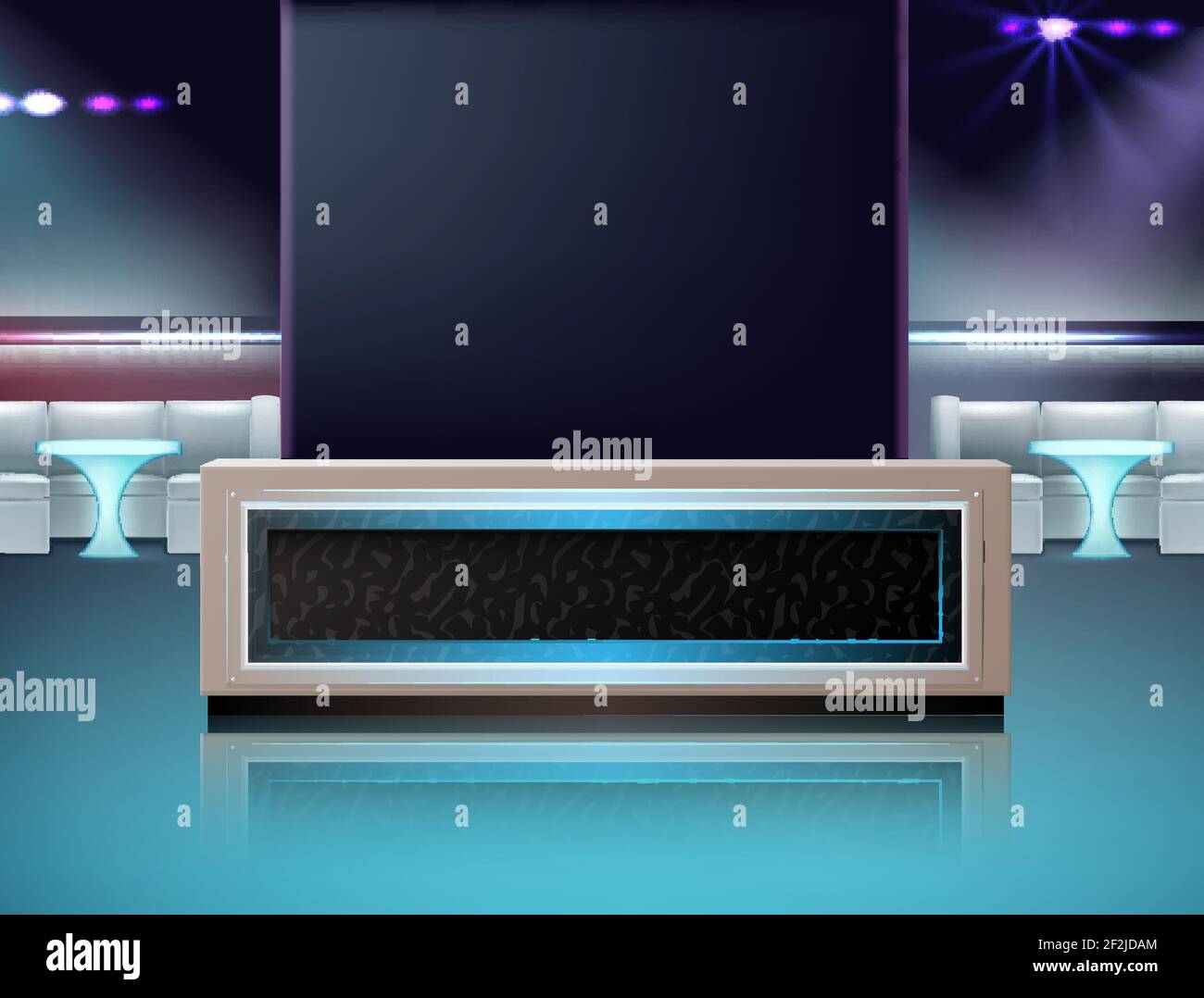 Vector empty night club interior in blue, turquoise, violet colors with bar counter, chairs and tables Stock Vector