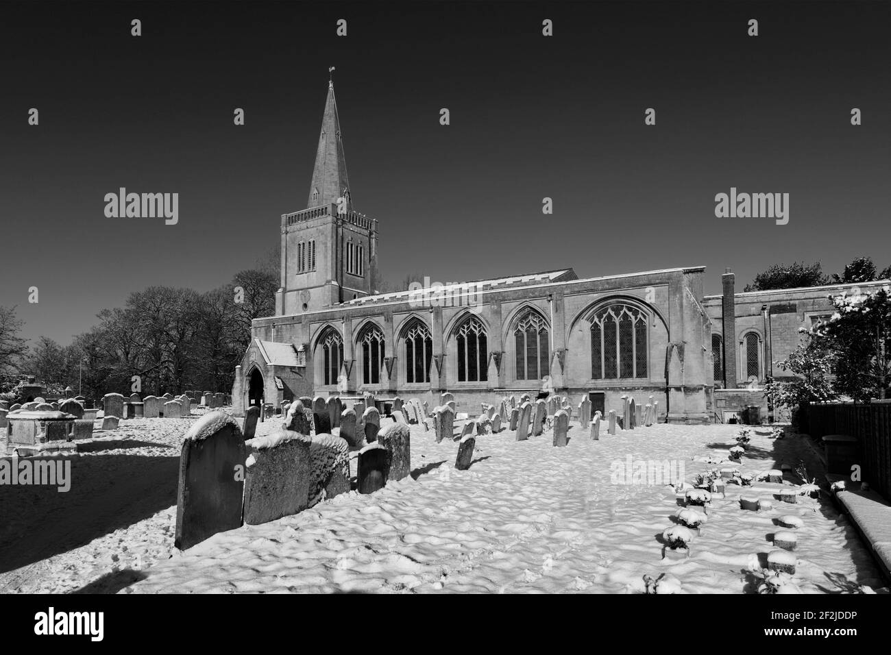 Winter snow over the Priory church, Deeping St James, Lincolnshire County, England, UK Stock Photo